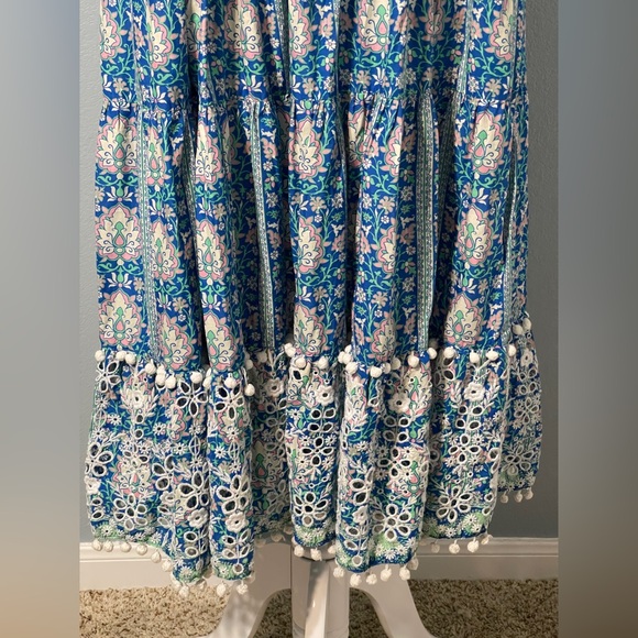 Zara Blue Floral Smocked Maxi Dress Tiered Boho Sundress Pom Poms Lace Medium - Picture 3 of 9